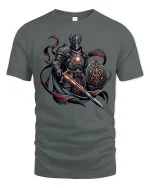 Dark Knight Warrior Sword and Shield Graphic T-Shirt - gray t-shirt on white background