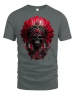 Red Tribal Skull Warrior Headdress Graphic T-Shirt - gray t-shirt on white background