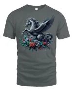 Pegasus Unicorn Floral Fantasy Art Graphic T-Shirt - gray t-shirt on white background