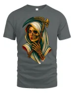 Grim Reaper Woman Half Skull Gothic Art T-Shirt - gray t-shirt on white background