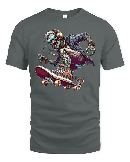 Cool Skeleton Skater Street Style Graphic T-Shirt - gray t-shirt on white background