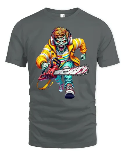 Crazy Chainsaw Zombie Street Style Graphic T-Shirt - gray t-shirt on white background