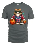 Funny Basketball Cat Player Cool Street Graphic T-Shirt - gray t-shirt on white background