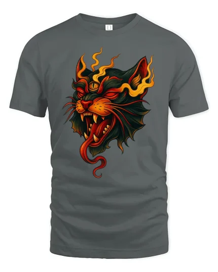 Flaming Demon Cat Fiery Spirit Graphic T-Shirt - gray t-shirt on white background