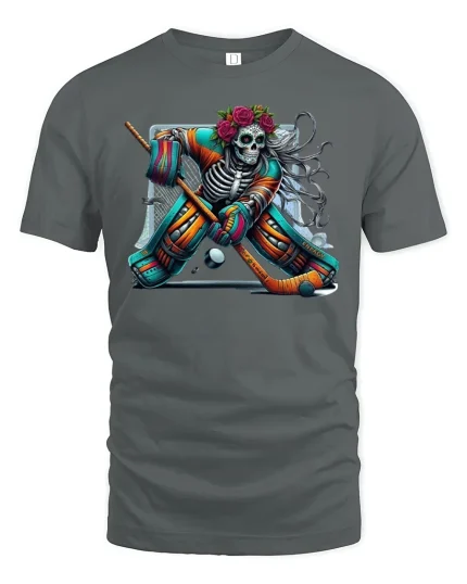 Skeleton Hockey Goalie Day of Dead Graphic T-Shirt - gray t-shirt on white background