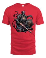 Dark Knight Warrior Sword and Shield Graphic T-Shirt - red t-shirt on white background