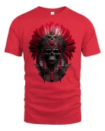 Red Tribal Skull Warrior Headdress Graphic T-Shirt - red t-shirt on white background