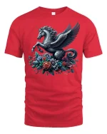 Pegasus Unicorn Floral Fantasy Art Graphic T-Shirt - red t-shirt on white background
