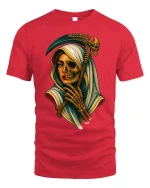 Grim Reaper Woman Half Skull Gothic Art T-Shirt - red t-shirt on white background