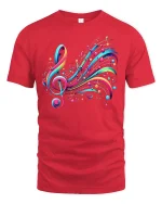 Colorful Music Notes Treble Clef Art Graphic T-Shirt - red t-shirt on white background