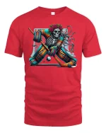 Skeleton Hockey Goalie Day of Dead Graphic T-Shirt - red t-shirt on white background