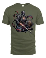 Dark Knight Warrior Sword and Shield Graphic T-Shirt - military green t-shirt on white background