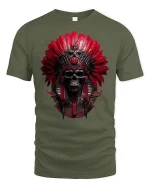 Red Tribal Skull Warrior Headdress Graphic T-Shirt - military green t-shirt on white background