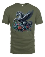 Pegasus Unicorn Floral Fantasy Art Graphic T-Shirt - military green t-shirt on white background