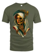 Grim Reaper Woman Half Skull Gothic Art T-Shirt - military green t-shirt on white background