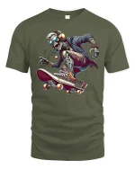 Cool Skeleton Skater Street Style Graphic T-Shirt - military green t-shirt on white background