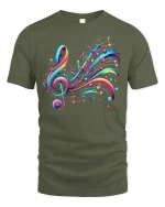 Colorful Music Notes Treble Clef Art Graphic T-Shirt - military green t-shirt on white background