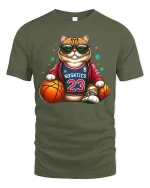 Funny Basketball Cat Player Cool Street Graphic T-Shirt - military green t-shirt on white background