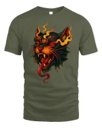 Flaming Demon Cat Fiery Spirit Graphic T-Shirt - military green t-shirt on white background
