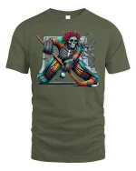 Skeleton Hockey Goalie Day of Dead Graphic T-Shirt - military green t-shirt on white background