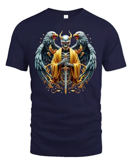 Demon Angel Warrior Skull Sword Gothic T-Shirt - navy t-shirt on white background