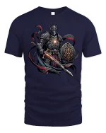 Dark Knight Warrior Sword and Shield Graphic T-Shirt - navy t-shirt on white background