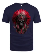 Red Tribal Skull Warrior Headdress Graphic T-Shirt - navy t-shirt on white background