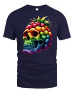 Tropical Fruit Skull Rainbow Vibe Graphic T-Shirt - navy t-shirt on white background