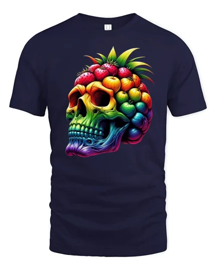 Tropical Fruit Skull Rainbow Vibe Graphic T-Shirt - navy t-shirt on white background