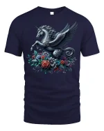 Pegasus Unicorn Floral Fantasy Art Graphic T-Shirt - navy t-shirt on white background