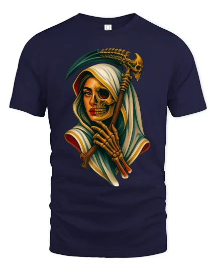 Grim Reaper Woman Half Skull Gothic Art T-Shirt - navy t-shirt on white background