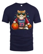 Funny Basketball Cat Player Cool Street Graphic T-Shirt - navy t-shirt on white background