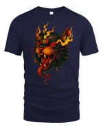 Flaming Demon Cat Fiery Spirit Graphic T-Shirt - navy t-shirt on white background