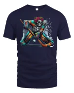 Skeleton Hockey Goalie Day of Dead Graphic T-Shirt - navy t-shirt on white background