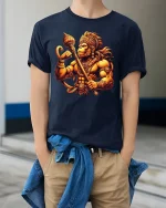 Warrior Hanuman Power Graphic T-Shirt for Men - model wearing navy tee with hands in pockets