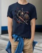 Dark Knight Warrior Sword and Shield Graphic T-Shirt - model wearing navy tee with hands in pockets