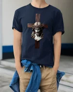 Jesus Cross Crown of Thorns Faith Graphic T-Shirt - model wearing navy tee with hands in pockets