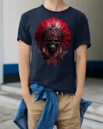 Red Tribal Skull Warrior Headdress Graphic T-Shirt - model wearing navy tee with hands in pockets