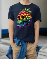 Tropical Fruit Skull Rainbow Vibe Graphic T-Shirt - model wearing navy tee with hands in pockets