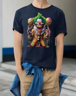 Scary Psycho Clown Horror Party Graphic T-Shirt - model wearing navy tee with hands in pockets
