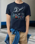 Pegasus Unicorn Floral Fantasy Art Graphic T-Shirt - model wearing navy tee with hands in pockets