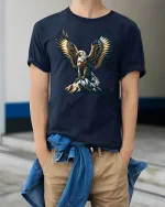 Majestic Eagle Mountain Freedom Spirit Graphic Tee - model wearing navy tee with hands in pockets