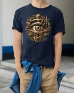 Steampunk Eye Gear Vision Graphic T-Shirt - model wearing navy tee with hands in pockets