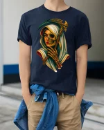 Grim Reaper Woman Half Skull Gothic Art T-Shirt - model wearing navy tee with hands in pockets