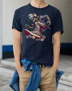 Cool Skeleton Skater Street Style Graphic T-Shirt - model wearing navy tee with hands in pockets