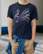 Colorful Music Notes Treble Clef Art Graphic T-Shirt - model wearing navy tee with hands in pockets