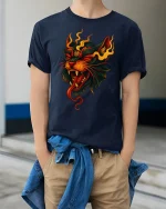 Flaming Demon Cat Fiery Spirit Graphic T-Shirt - model wearing navy tee with hands in pockets