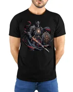 Dark Knight Warrior Sword and Shield Graphic T-Shirt - model wearing black tee with hands behind back