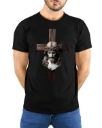 Jesus Cross Crown of Thorns Faith Graphic T-Shirt - model wearing black tee with hands behind back