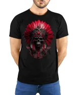 Red Tribal Skull Warrior Headdress Graphic T-Shirt - model wearing black tee with hands behind back
